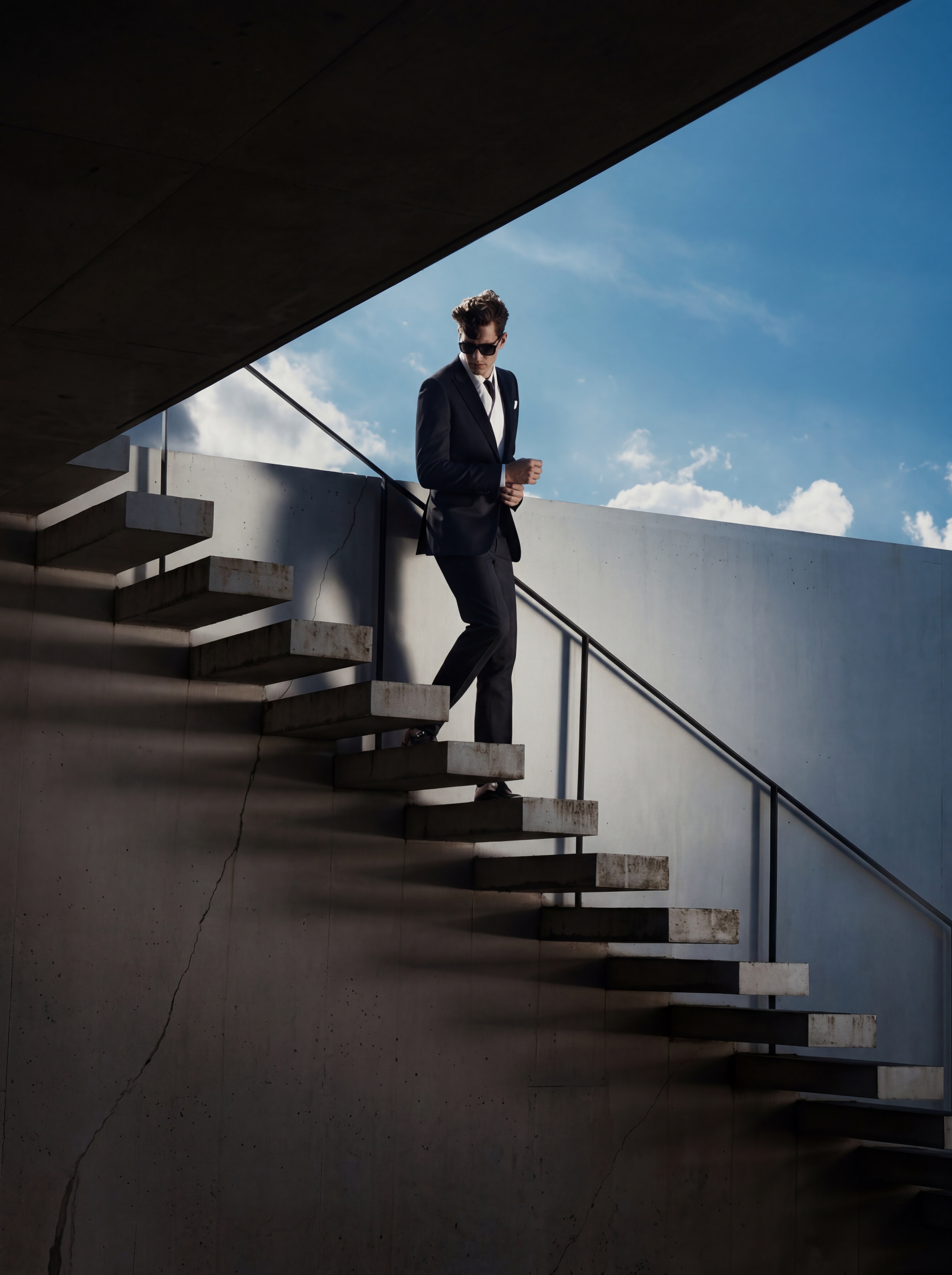 Stairs leading toward an open sky